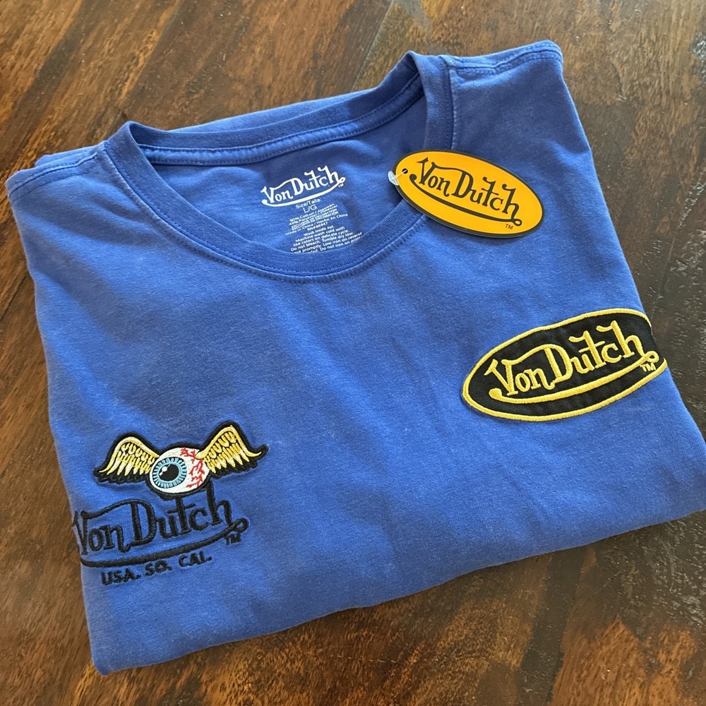 VON DUTCH~Men's L Blue Embroidered Logo Graphic Crew Neck Short Sleeve Tee NWT